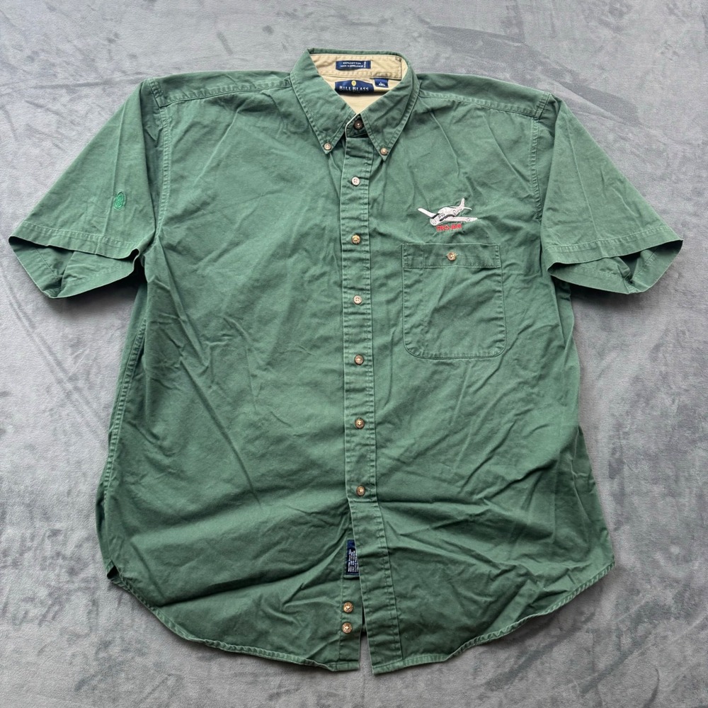 Bill Blass Mens Green Cotton Short Sleeve Trojan Airplane Button Down Shirt L